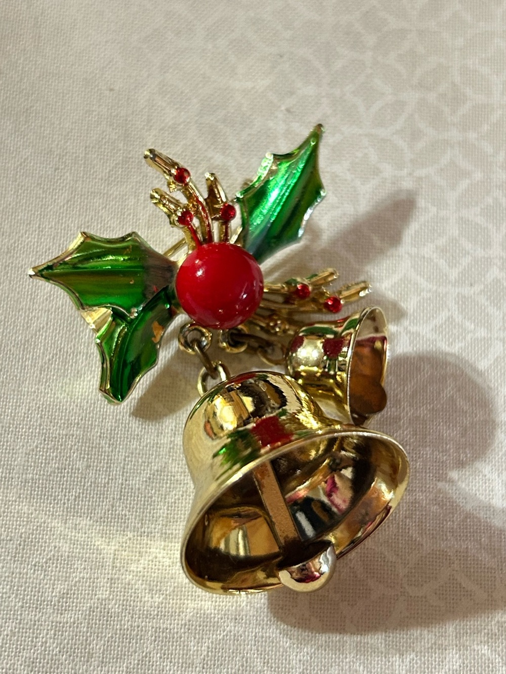 Vintage Holly & Bell Enamel Christmas Brooch - Green and Red